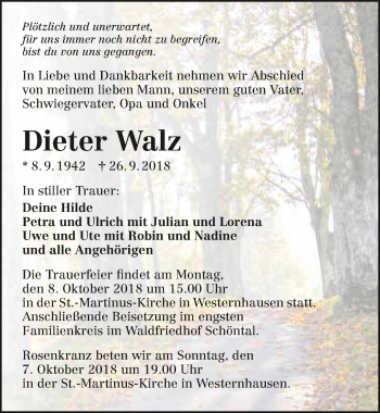 Traueranzeige von Dieter Walz 