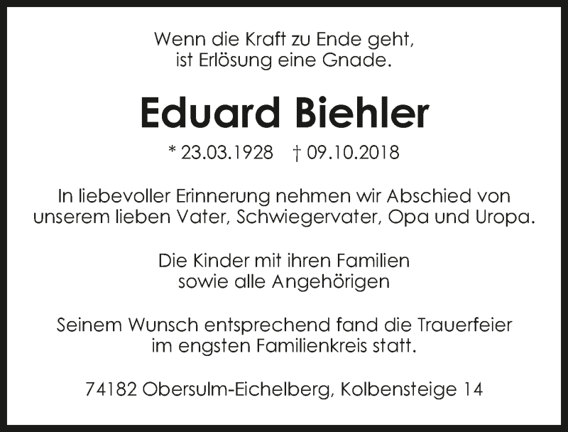  Traueranzeige für Eduard Biehler vom 20.10.2018 aus 