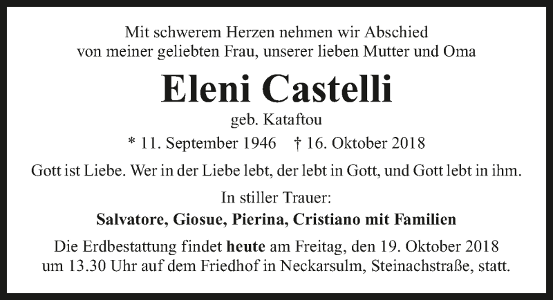  Traueranzeige für Eleni Castelli vom 19.10.2018 aus 