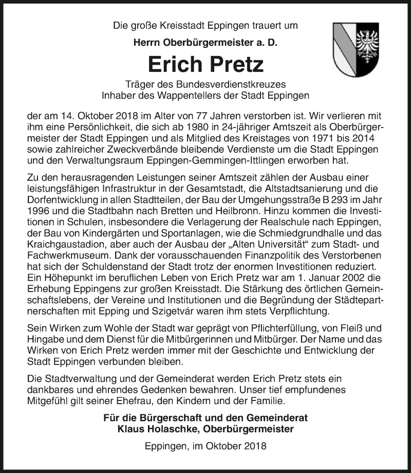  Traueranzeige für Erich Pretz vom 17.10.2018 aus 
