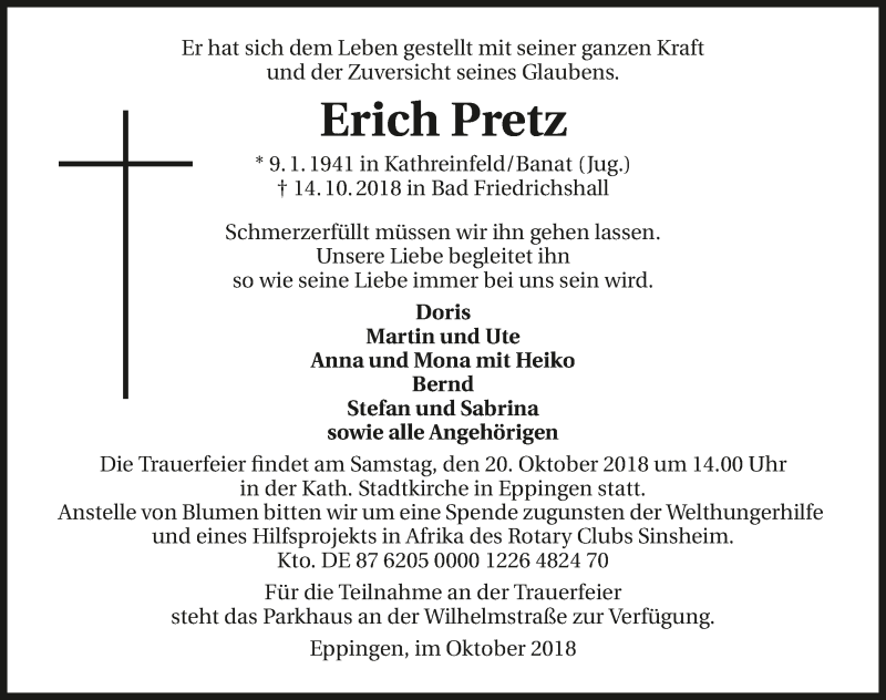  Traueranzeige für Erich Pretz vom 17.10.2018 aus 