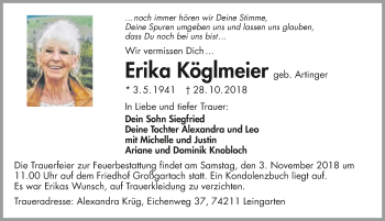 Traueranzeige von Erika Köglmeier 