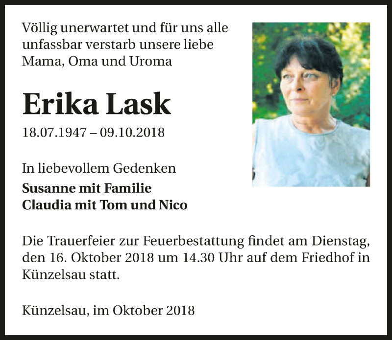  Traueranzeige für Erika Lask vom 13.10.2018 aus 