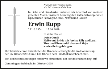 Traueranzeige von Erwin Rupp 