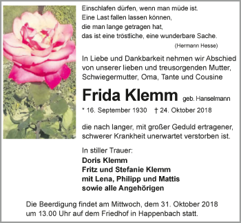 Traueranzeige von Frida Klemm 