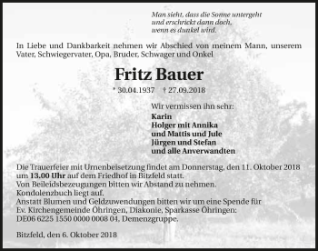 Traueranzeige von Fritz Bauer 
