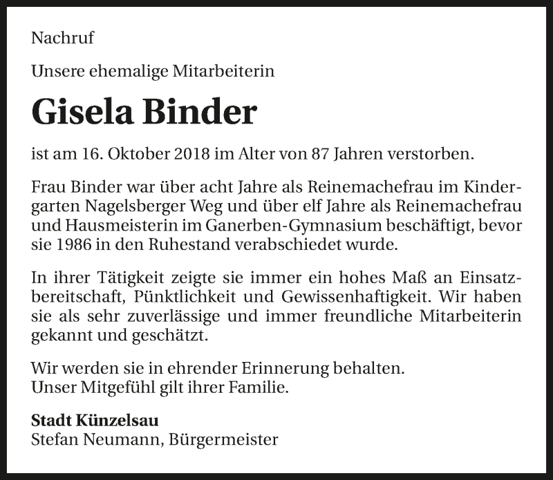  Traueranzeige für Gisela Binder vom 26.10.2018 aus 