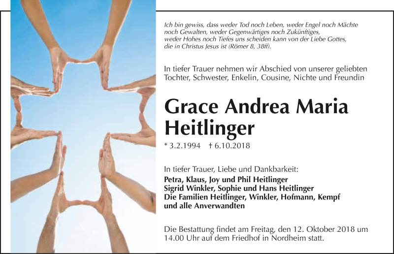  Traueranzeige für Grace Andrea Maria Heitlinger vom 10.10.2018 aus 