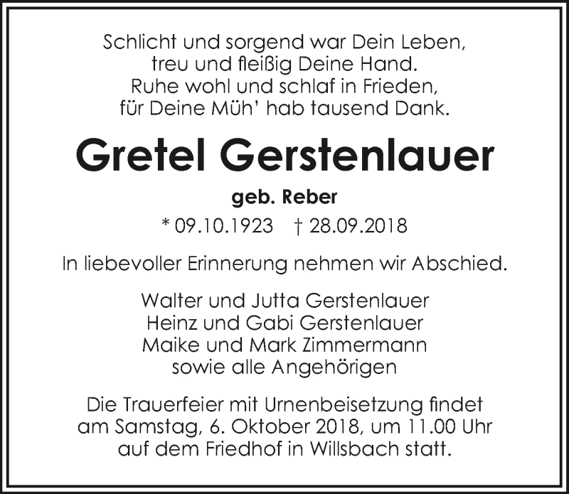  Traueranzeige für Gretel Gerstenlauer vom 02.10.2018 aus 