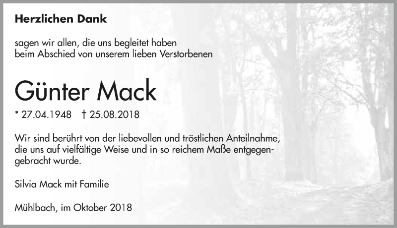  Traueranzeige für Günter Mack vom 10.10.2018 aus 
