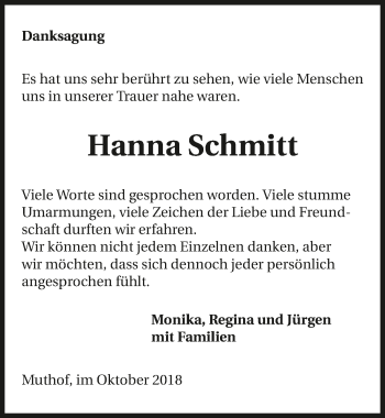 Traueranzeige von Hanna Schmitt 