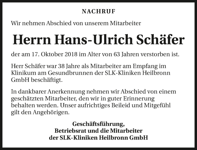  Traueranzeige für Hans-Ulrich Schäfer vom 20.10.2018 aus 