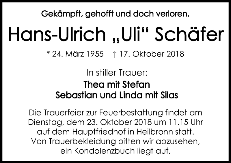  Traueranzeige für Hans-Ulrich Schäfer vom 20.10.2018 aus 