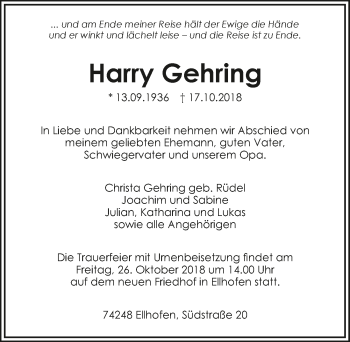 Traueranzeige von Harry Gehring 