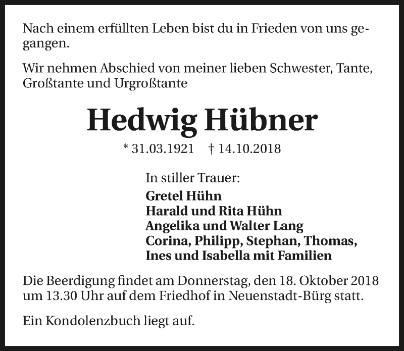  Traueranzeige für Hedwig Hübner vom 16.10.2018 aus 