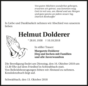 Traueranzeige von Helmut Dolderer 