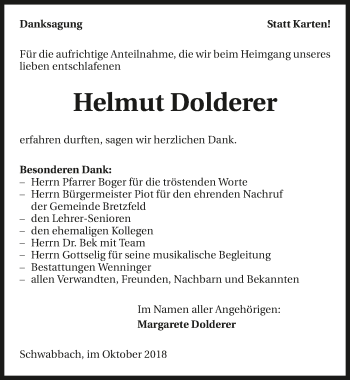 Traueranzeige von Helmut Dolderer 