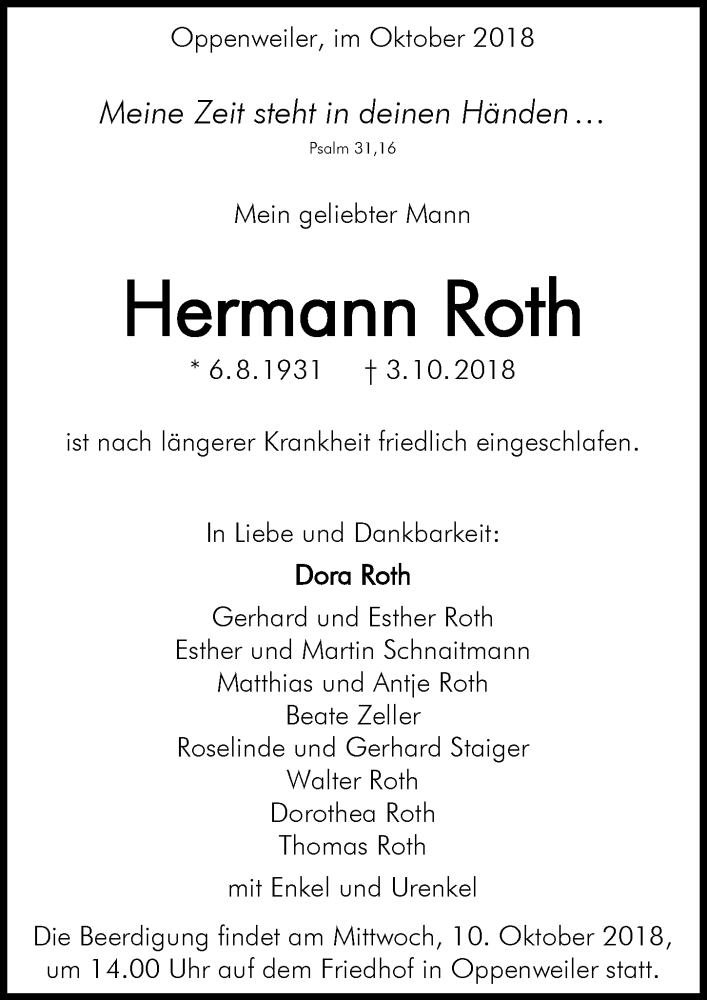  Traueranzeige für Hermann Roth vom 06.10.2018 aus 
