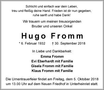 Traueranzeige von Hugo Fromm 