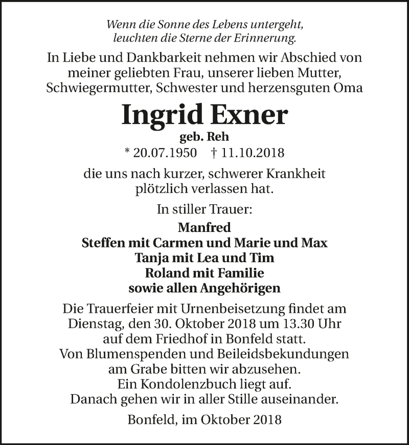  Traueranzeige für Ingrid Exner vom 27.10.2018 aus 