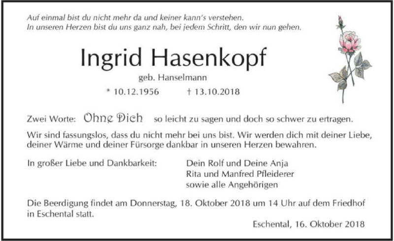  Traueranzeige für Ingrid Hasenkopf vom 16.10.2018 aus 