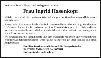 Traueranzeige von Ingrid Hasenkopf 