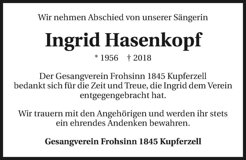  Traueranzeige für Ingrid Hasenkopf vom 17.10.2018 aus 