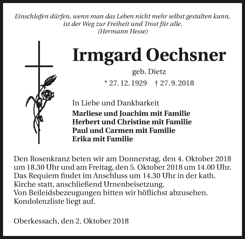  Traueranzeige für Irmgard Oechsner vom 02.10.2018 aus 