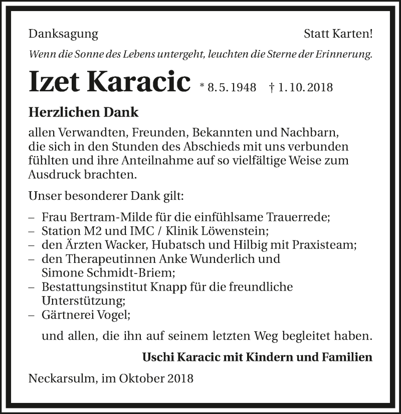  Traueranzeige für Izet Karacic vom 20.10.2018 aus 