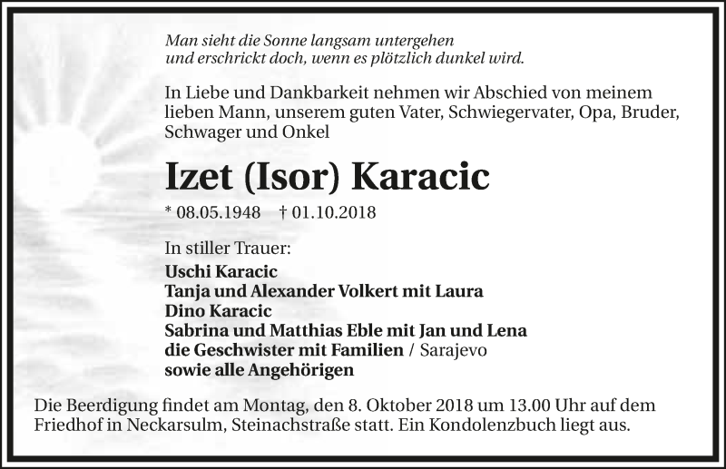  Traueranzeige für Izet Karacic vom 05.10.2018 aus 
