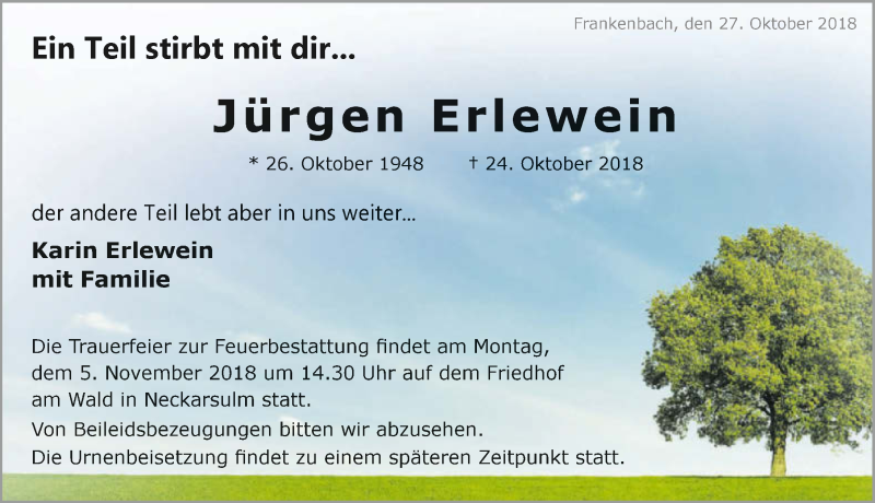  Traueranzeige für Jürgen Erlewein vom 27.10.2018 aus 