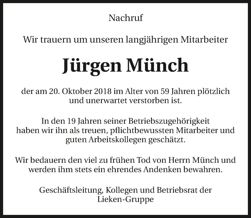  Traueranzeige für Jürgen Münch vom 25.10.2018 aus 