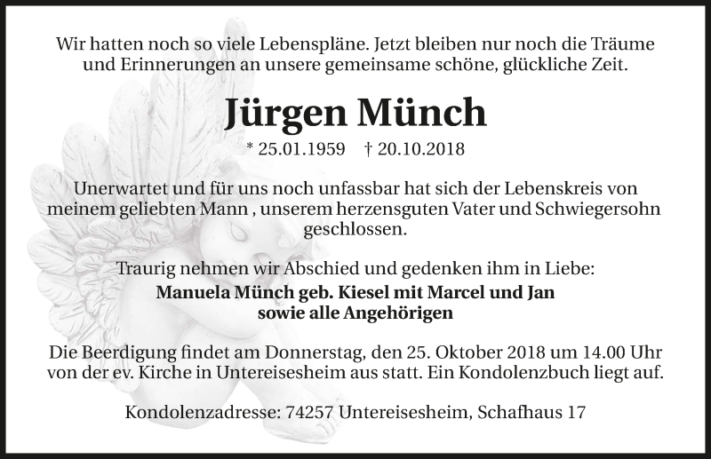  Traueranzeige für Jürgen Münch vom 23.10.2018 aus 
