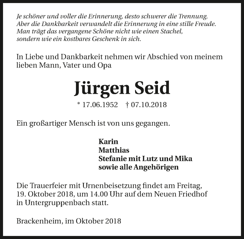  Traueranzeige für Jürgen Seid vom 17.10.2018 aus 