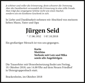 Traueranzeige von Jürgen Seid 
