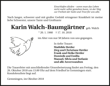 Traueranzeige von Karin Walch-Baumgärtner 