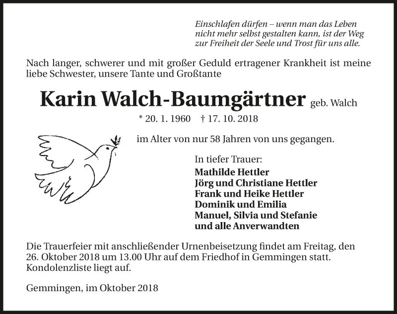  Traueranzeige für Karin Walch-Baumgärtner vom 24.10.2018 aus 