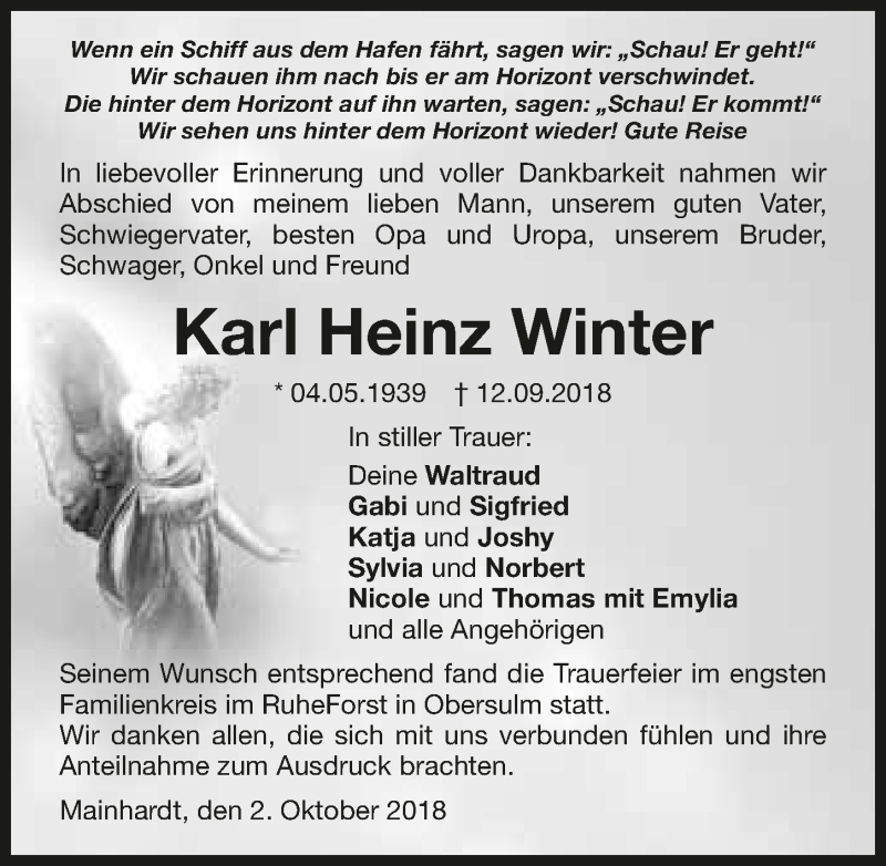 Traueranzeige für Karl Heinz Winter vom 02.10.2018 aus 