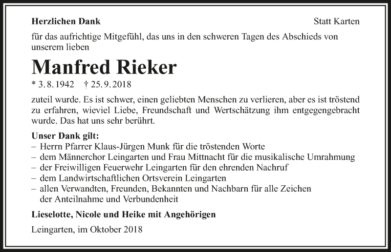  Traueranzeige für Manfred Rieker vom 13.10.2018 aus 