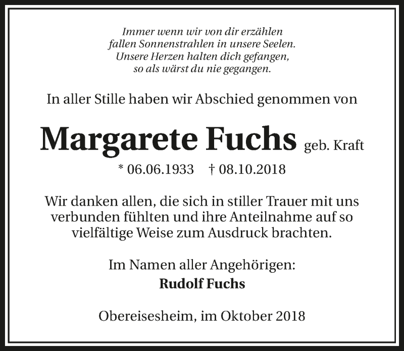  Traueranzeige für Margarete Fuchs vom 27.10.2018 aus 