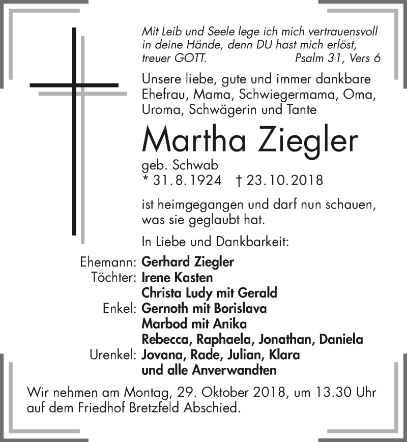  Traueranzeige für Martha Ziegler vom 26.10.2018 aus 
