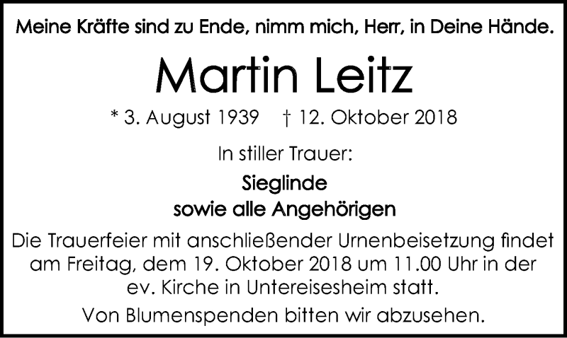  Traueranzeige für Martin Leitz vom 16.10.2018 aus 