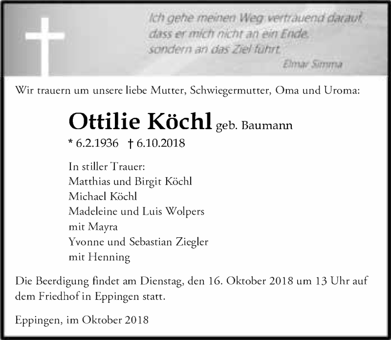  Traueranzeige für Ottilie Köchl vom 12.10.2018 aus 