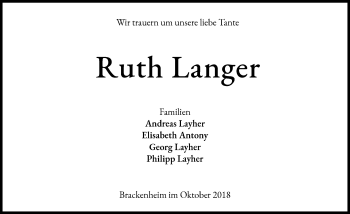 Traueranzeige von Ruth Langer 