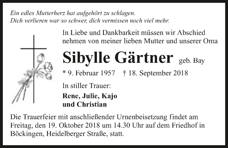  Traueranzeige für Sibylle Gärtner vom 13.10.2018 aus 