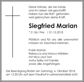 Traueranzeige von Siegfried Marian 