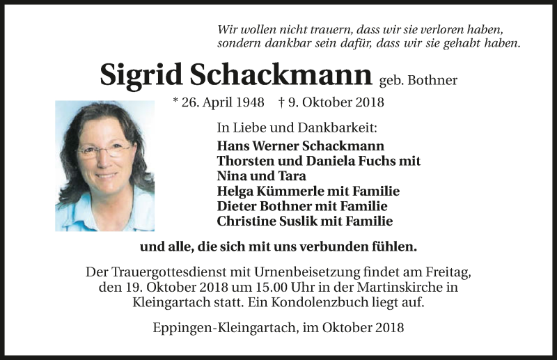 Traueranzeige für Sigrid Schackmann vom 17.10.2018 aus 