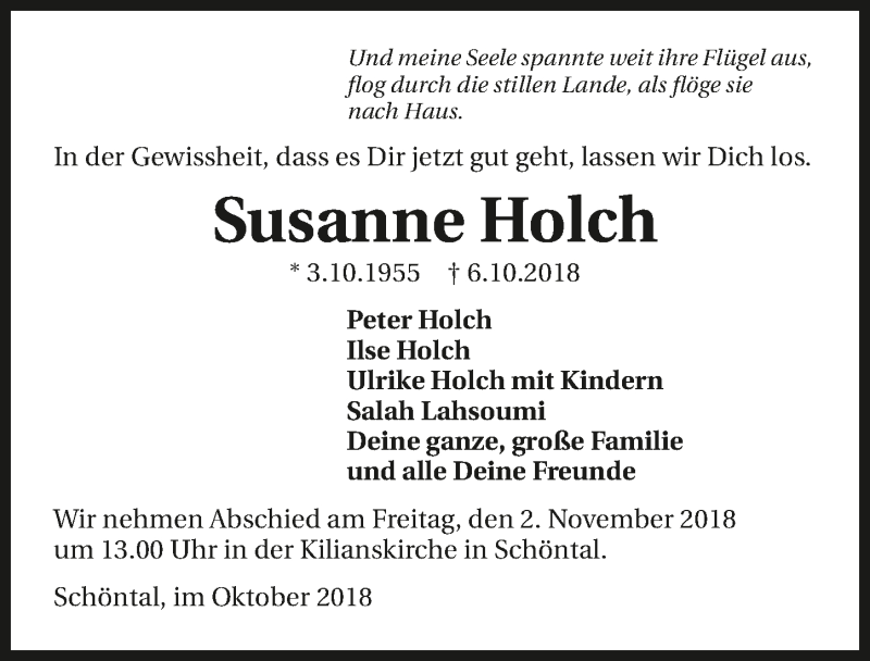  Traueranzeige für Susanne Holch vom 30.10.2018 aus 
