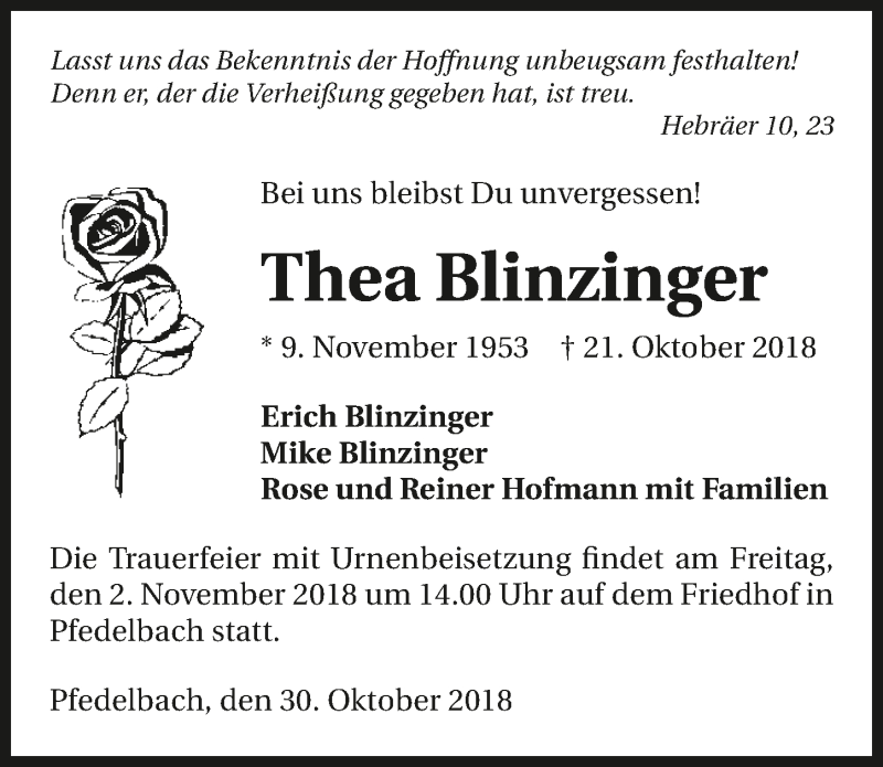  Traueranzeige für Thea Blinzinger vom 30.10.2018 aus 