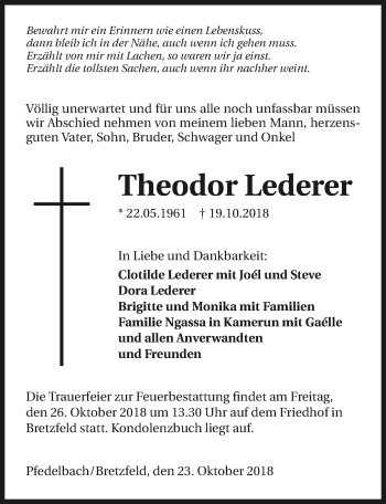 Traueranzeige von Theodor Lederer 